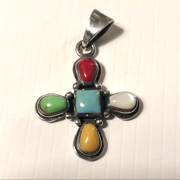 Jewelry - Sterling silver cross with multi color stones